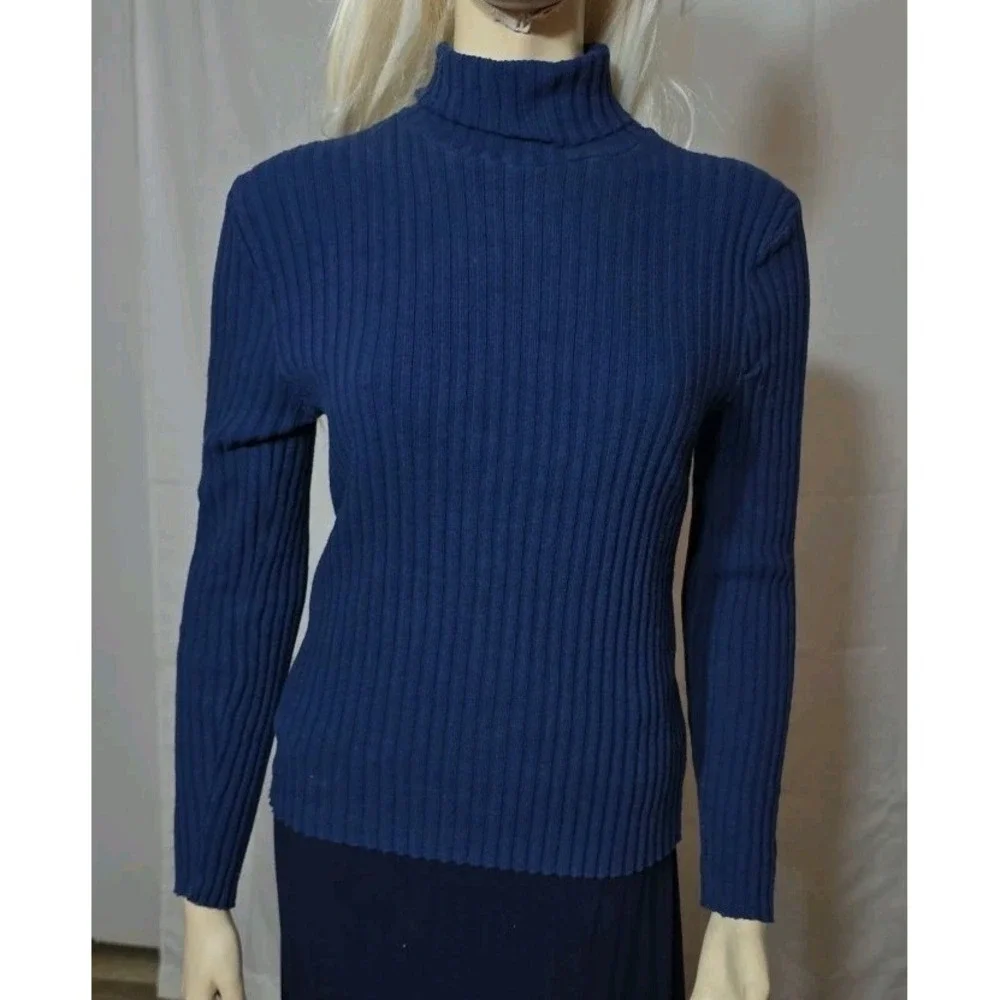 Y2K American Pride Basic Navy Rib Knit Slim Fit Turtleneck Sweater Women's Large